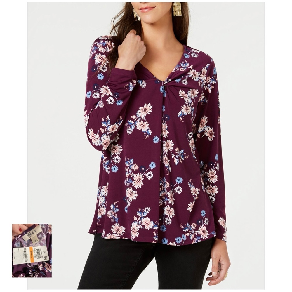 Style & Co Nwt Purple Printed Knotted Swing Top